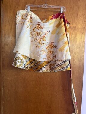 Darn Good Yarn Sari Skirt inYellow, Orange and Cream Floral and Geometric Print